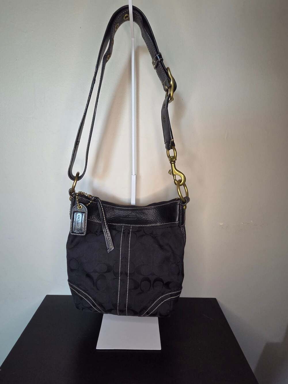 Coach Signature Crossbody Shoulder Bag Black Jacquard Canvas with Leather Trim
